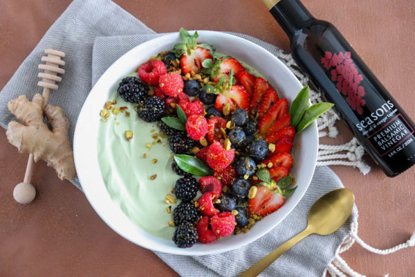 Matcha Yogurt with Honey Ginger Balsamic Berries