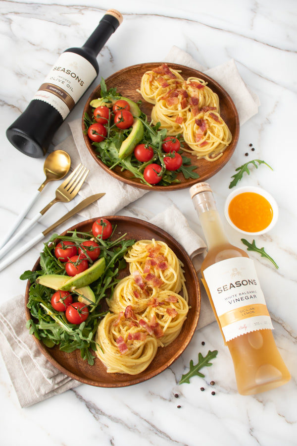 Pasta Carbonara with Zesty Arugula and Avocado Salad