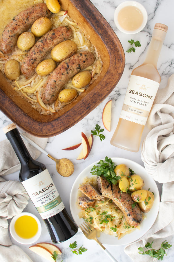 White Wine & Elderflower Braised Sausages and Sauerkraut